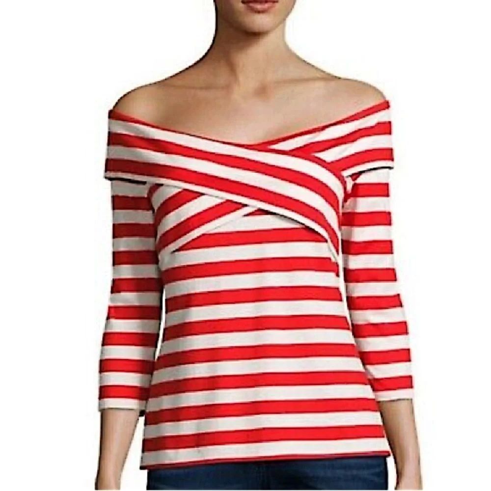 BELLE & SKY Red & White Striped Cross Off the Shoulder Blouse with 3/4 sleeve
